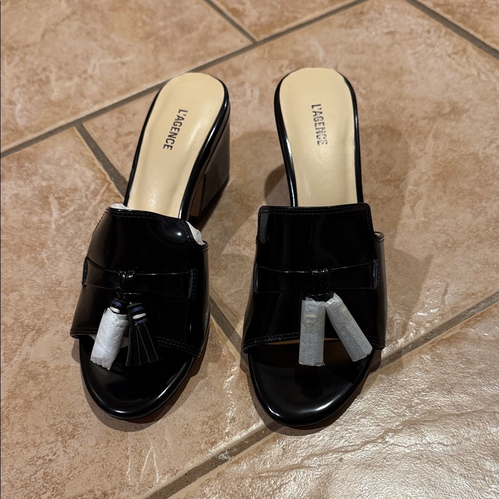 L'AGENCE Black Patent Leather Mules